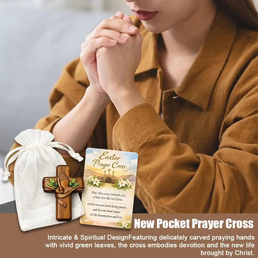 Small Pocket Prayer Cross with Card, Portable Wooden Prayer Cross Pocket Card with Bag for Easter Christmas Token, Church Favors