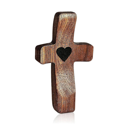 Cross My Heart Encouragement Gift Christian Prayer Handheld Walnut Wooden Cross with Heart to Carry in Pocket Emotional Support