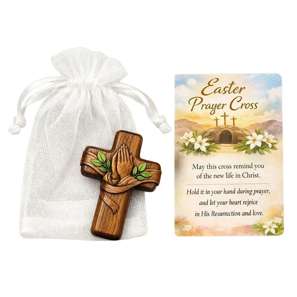 Small Pocket Prayer Cross with Card, Portable Wooden Prayer Cross Pocket Card with Bag for Easter Christmas Token, Church Favors