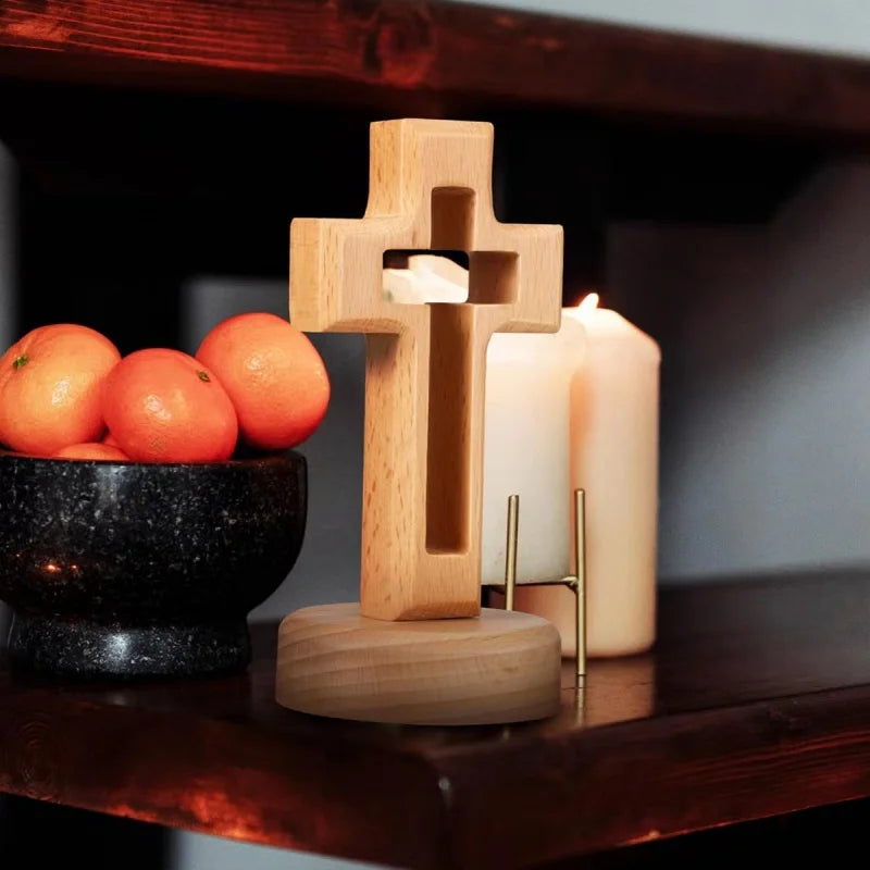 Solid Wood Cross Christmas Decoration Wooden Hollow Carved for Desktop