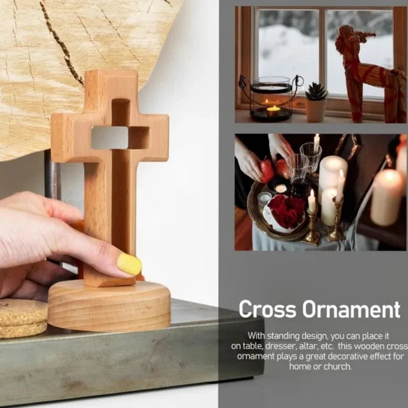 Solid Wood Cross Christmas Decoration Wooden Hollow Carved for Desktop