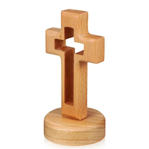 Solid Wood Cross Christmas Decoration Wooden Hollow Carved for Desktop