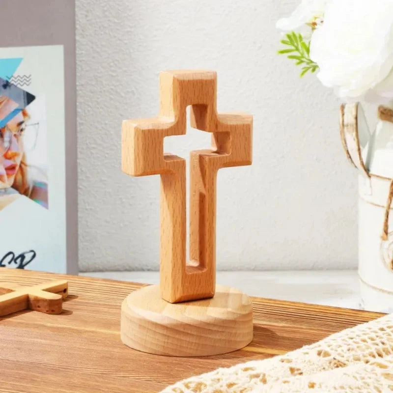 Solid Wood Cross Christmas Decoration Wooden Hollow Carved for Desktop