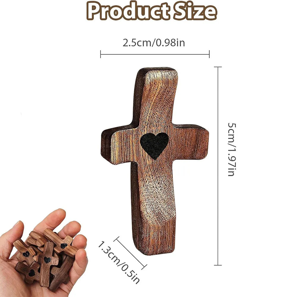 Cross My Heart Encouragement Gift Christian Prayer Handheld Walnut Wooden Cross with Heart to Carry in Pocket Emotional Support